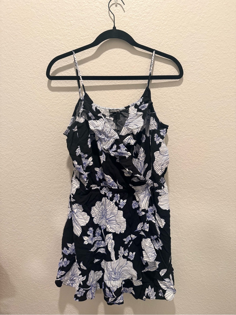 Express Floral Ruffle Black Tank Top